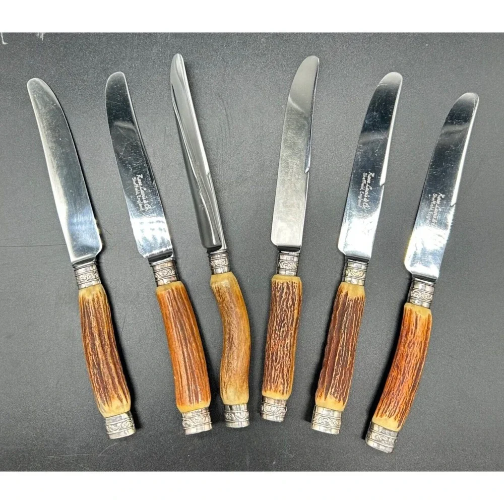 Lewis‎ Rose & Co.Ltd Real Stag Horn Cutlery 6 Sheffield Knives Not Serrated